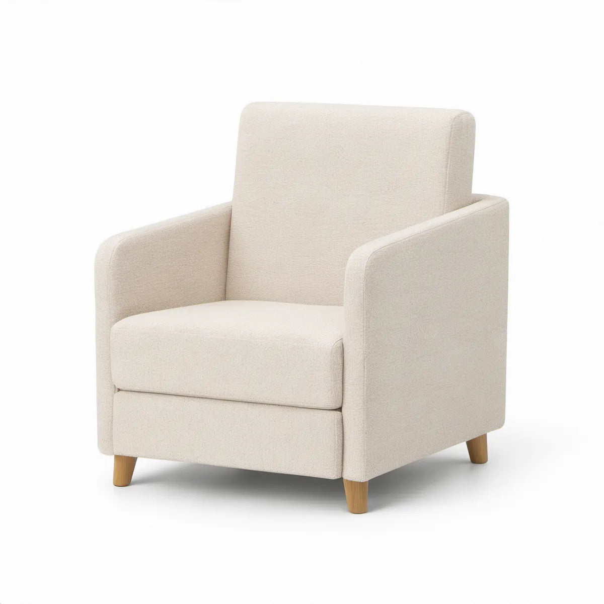 Poltrona Retangular em Poliéster Bouclé Creme com Pés em Madeira Maciça, 76 x 82 x 88 cm