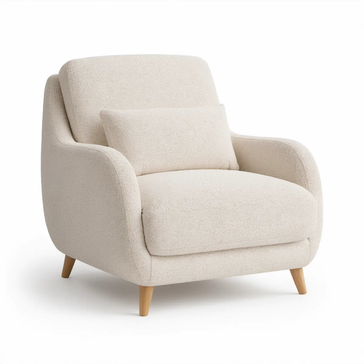 Poltrona Redonda Estofada em Tecido Bouclé Bege Creme com Pés de Madeira de Faia 82 x 76 x 91 cm