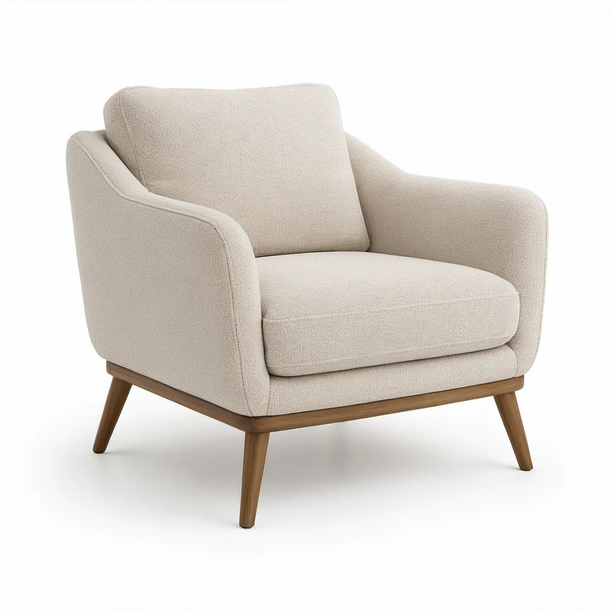 Poltrona estofada em bouclé bege com pés em madeira maciça, 82 x 86 x 83 cm
