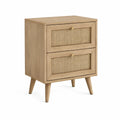Mesa de Cabeceira em MDF Carvalho-Claro com Vime, 2 Gavetas, 45 x 35 x 60 cm