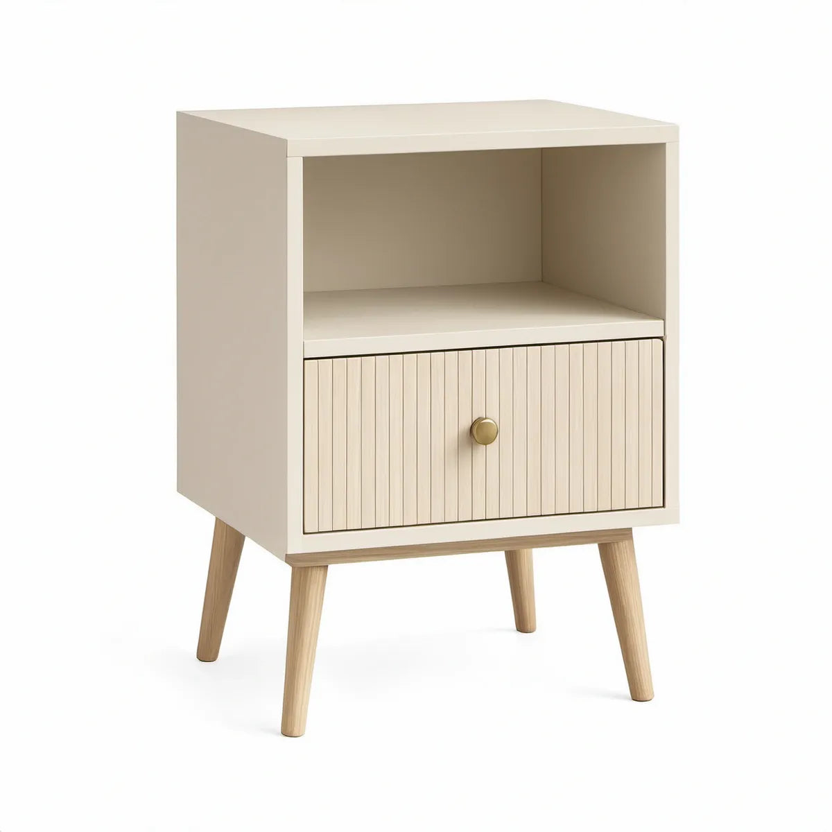 Mesa de Cabeceira em MDF Creme com Porta Ripado, Nicho e Pés em Pinho, 40 x 35 x 60 cm