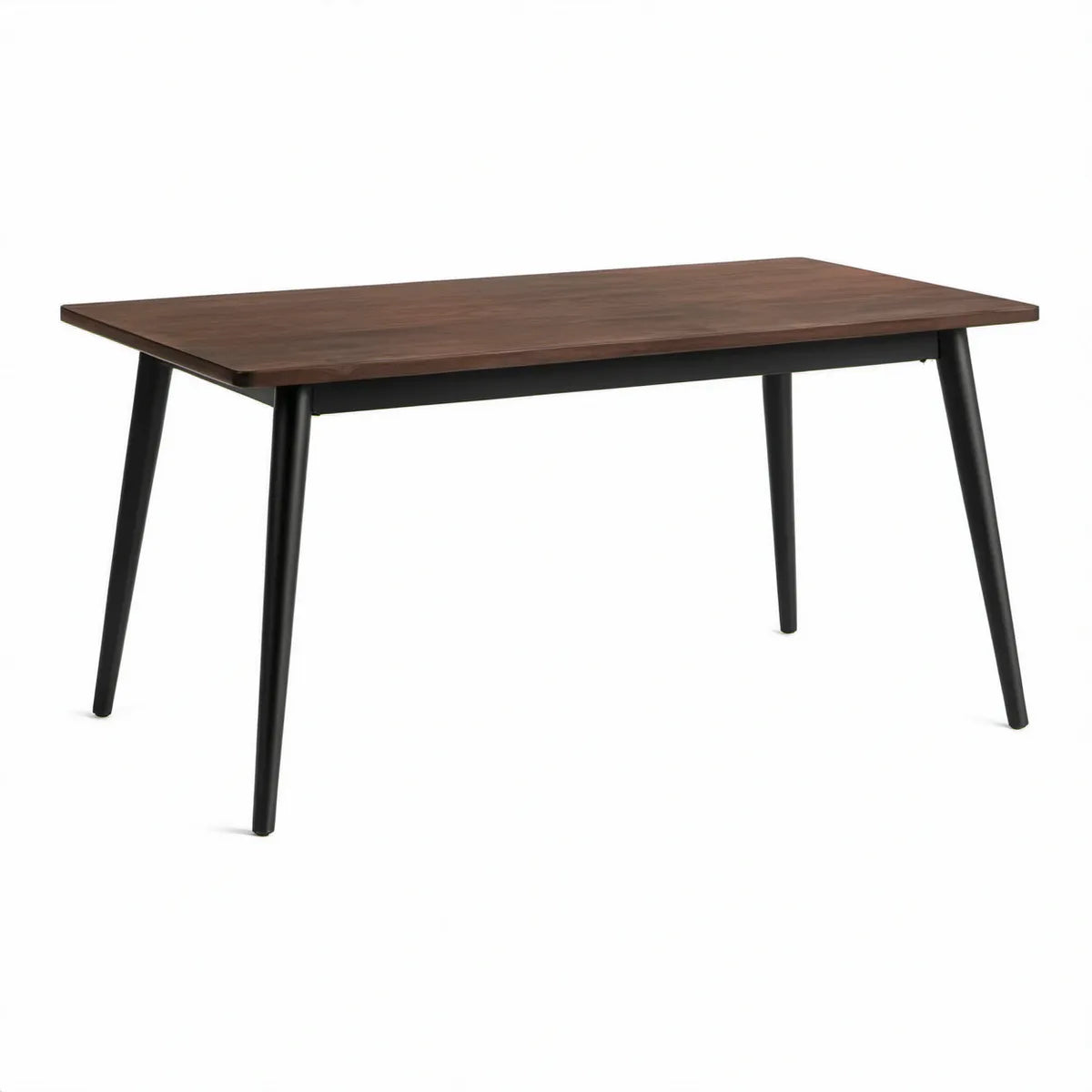 Mesa de jantar retangular em MDF com acabamento melamínico nogueira e pernas em aço preto, 140 x 80 x 75 cm